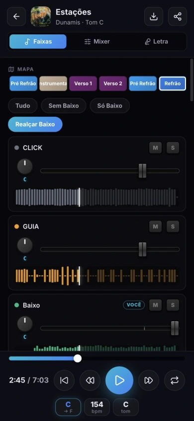 Demonstração do player Scale no celular: faixas separadas, mixer e letra